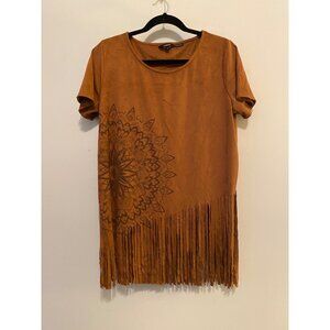 Designal Top Brown Fringe Suede Like Short Sleeve Sun Catcher Design XL